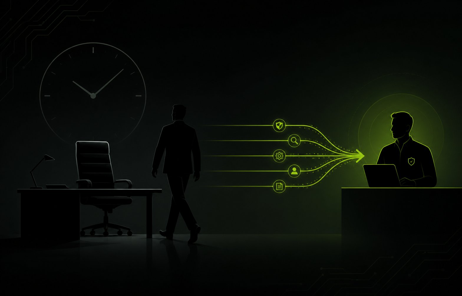 Calm executive workspace showing delegated security work and time returned