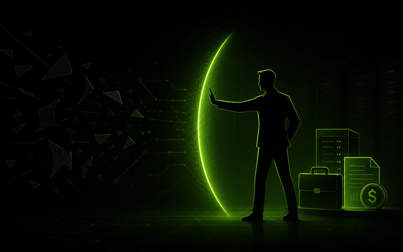 Black and green cybersecurity advisor stopping breach fragments before they reach protected business assets