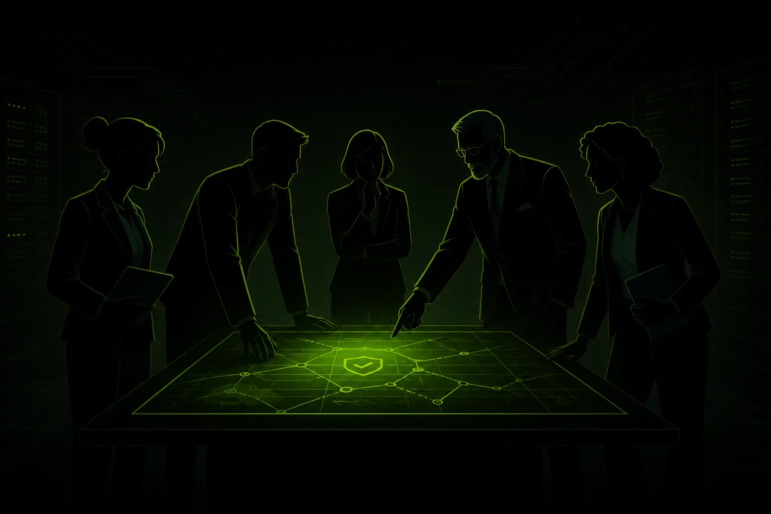 Hardenwell advisors gathered around a glowing security roadmap on a table